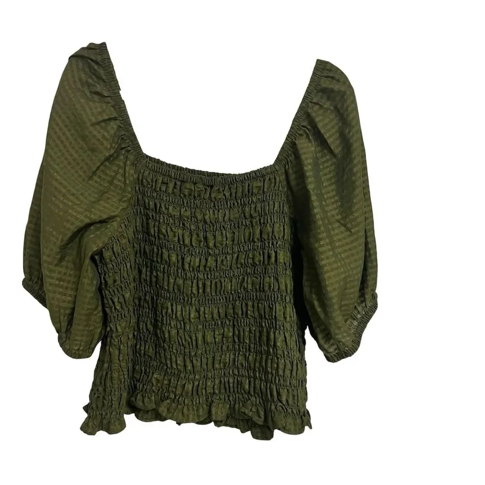 Old Navy Women's XL Olive Green Puff-Sleeve Smocked Blouse Casual
